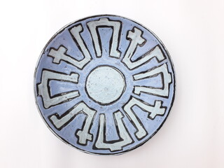 Mid-century modern pottery - blue wall plate with Greek style decor