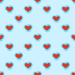 Line art seamless pattern in the form of a red heart on blue shape. Romance graphic texture. Holiday celebration concept. Decorative print. Geometric bright wallpaper. Black contour line