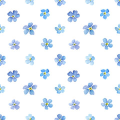 Watercolor spring flowers - forget me nots. Seamless pattern of small flowers, botanical illustration