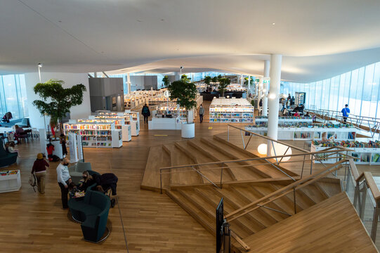 Helsinki, Finland, december 2021. Interior of the Oodi central library, nice modern architecture