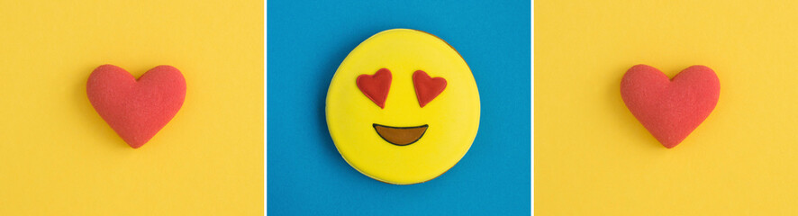 Collage of smiley and red heart in the form of gingerbread on the colored background. Top view.