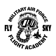 American flight academy vector emblem, badge, label, logo or t-shirt print with pilot helmet in monochrome vintage style isolated on white background