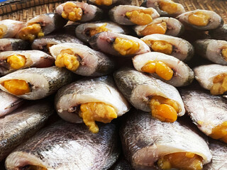 Sun dried gourami fish in Thailand market. Dried snakeskin gourami in the market, commonly seen in Thailand