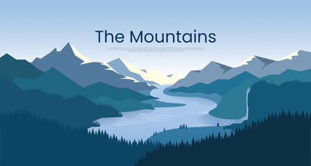 The mountains landscape with trees and rivers and a waterfall background