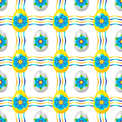Seamless Pattern with white and yellow Easter eggs, flowers and ribbons on a white background. Happy Easter.