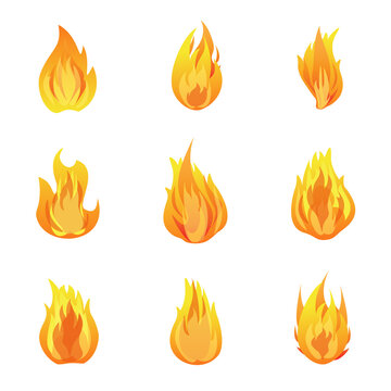 Collection of fire icons. Burning fire flame in flat cartoon style. Vector isolated illustration