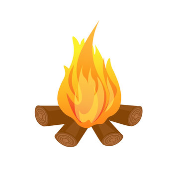 Wood campfire vector drawing. Outdoor bonfire, fire burning wooden logs, camp fireplace. Firewood flames burn. Isolated cartoon drawing