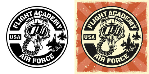 Flight academy vector emblem, badge, label, logo or t-shirt print with pilot helmet. Two styles monochrome and vintage colored with removable grunge textures