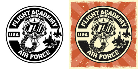Obraz premium Flight academy vector emblem, badge, label, logo or t-shirt print with pilot helmet. Two styles monochrome and vintage colored with removable grunge textures