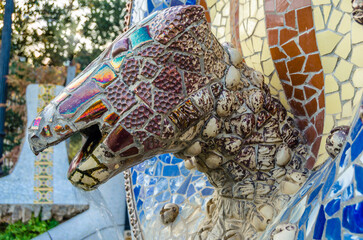 Colorful architectural detail in the famous Park Guell in Barcelona, Catalonia, Spain