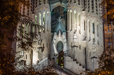 Night view of the famous Sagrada Familia basilica in Barcelona, Catalonia, Spain