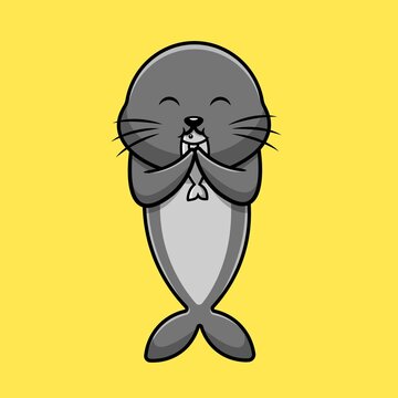 Cute Seals Eating Fish Cartoon Vector Icon Illustration. Animal Food Icon Concept Isolated Premium Vector.