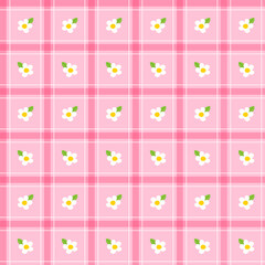 Cute White Daisy Flower Leaf Element Pink Green Stripe Striped Line Tilt Checkered Plaid Tartan Buffalo Scott GinghamPattern Illustration Wrapping Paper, Picnic Mat, Tablecloth, Fabric Background