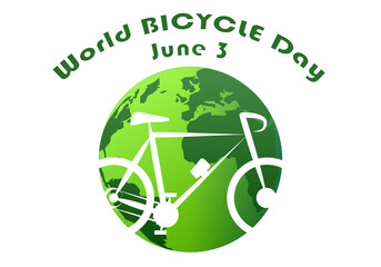 Día mundial de la bicicleta. 3 de junio. Silueta blanca de una bicicleta sobre el planeta Tierra en tonos verdes © Gabrieuskal