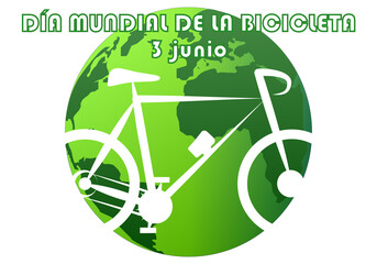 Día mundial de la bicicleta. 3 de junio. Silueta blanca de una bicicleta sobre el planeta Tierra en tonos verdes - obrazy, fototapety, plakaty