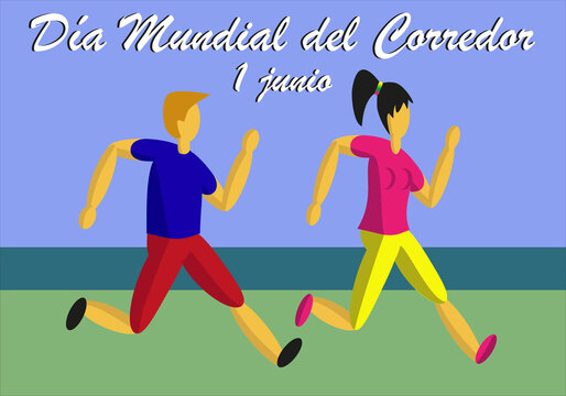 D&iacute;a mundial del corredor. 1 de junio. Corredor y corredora corriendo con el horizonte de fondo