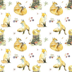 Red foxes. Seamless pattern. Watercolor hand drawn illustration