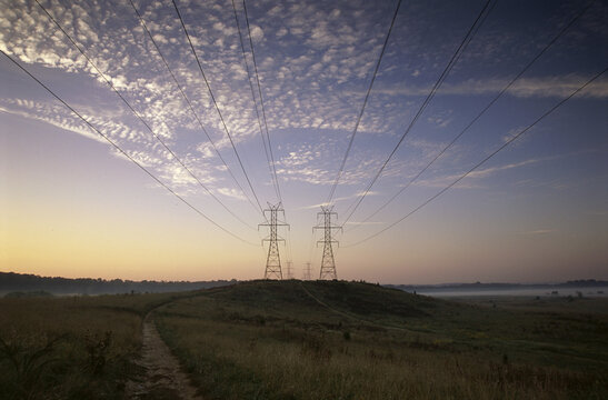 Electricity pylons in a field
