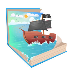 Obraz premium Illustration of a Ship Travelling to an Island Inside the Sea in a open Book