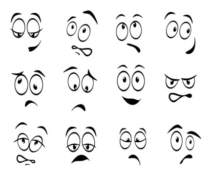 Cartoon comic emotions or smiley doodle. Expressive eyes and mouth, smiling, crying and surprised facial expressions of the character.