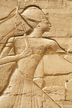 Egypt, Luxor, Karnak Temple, Relief carvings on wall of Great Hypostyle Hall