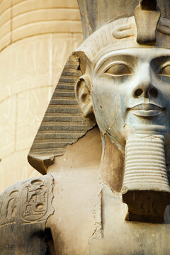 Egypt, Luxor, Luxor Temple, Close up of Colossal Seated Statue of Ramses II