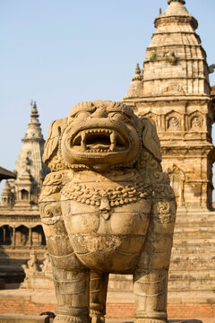 Nepal, Bhaktapur, Durbar Square, Vatsala Durga and Vatsala Temples, Stone lion, UNESCO World Heritage Site