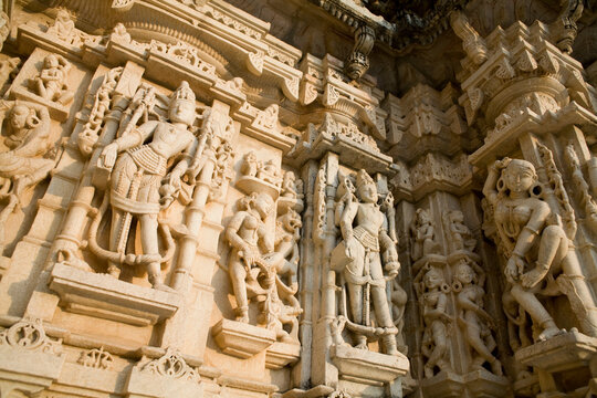 India, Rajasthan, Ranakpur, Suparshvanth Temple in complex of Jain Temples, Low angle view of carvings