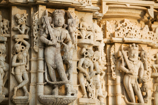 India, Rajasthan, Ranakpur, Suparshvanth Temple in complex of Jain Temples, Close-up of carvings