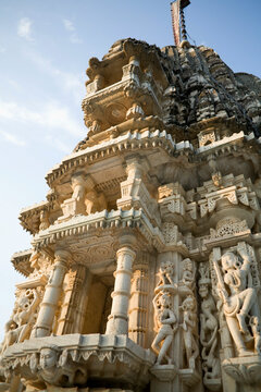 India, Rajasthan, Ranakpur, Suparshvanth Temple in complex of Jain Temples, Low angle view of facade