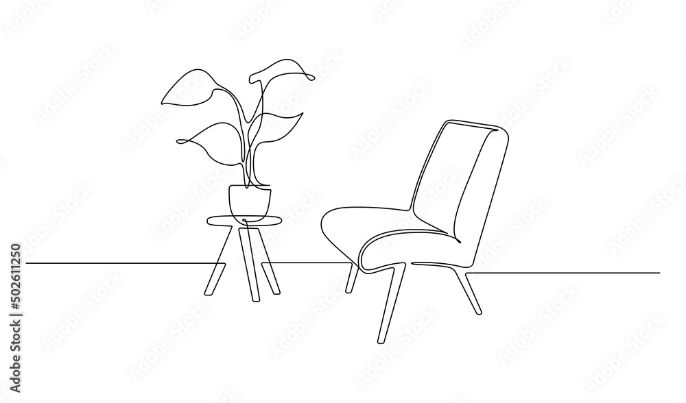 Poster continuous one line drawing of armchair and table with vase with plant. scandinavian stylish furnitu