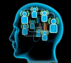 Close-up of a man's head with blue friends icons inside