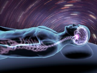 X-ray view of a man dreaming with view of brain and spinal cord