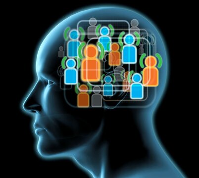 Close-up of a man's head with blue and orange friends icons inside