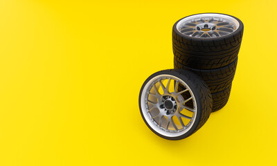 Obraz na płótnie Canvas 3d illustration, car wheels, on yellow background ,copy space, 3d rendering