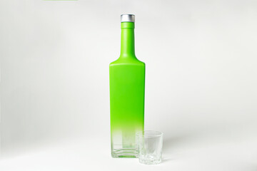Bottle of vodka on a white background. Green bottle with alcohol. alcoholic drink