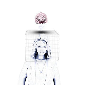 White woman with head inside box with brain is outside box in clouds above town below.