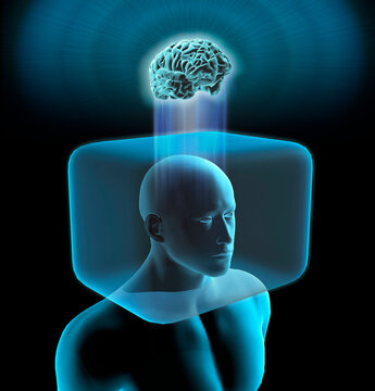 Blue man with head inside cage with brain is outside box and snow covered mountains
