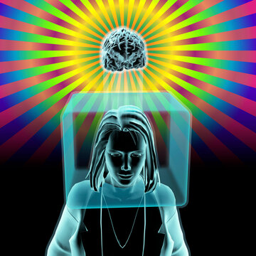 Woman with head inside box and brain outside box in radiant rainbow