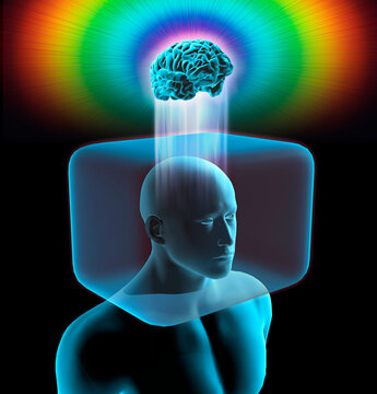 Blue Xray Man With Head Inside Box And Brain Outside In Bright Blue Glow