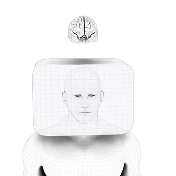 White man with head inside box with brain is outside box in clouds above town below.