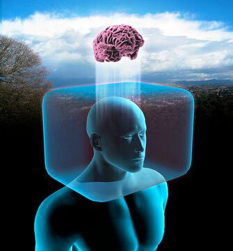 Blue man with head inside cage and brain outside in open field.