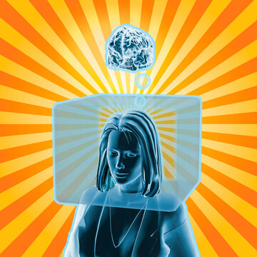 Woman with head inside box and brain outside box radiant orange stripes
