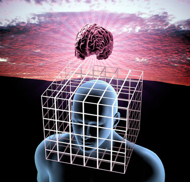 Man with head inside cage with brain outside in beautiful sunrise.