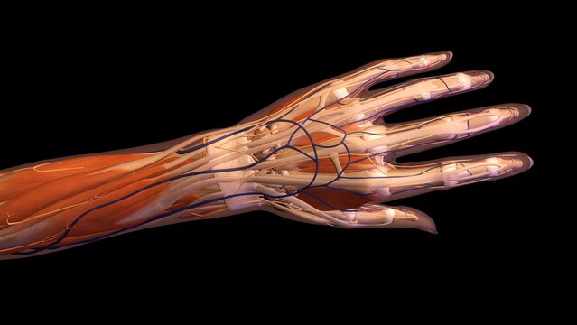Female hand and wrist anatomy, back, posterior view, Full color on black background