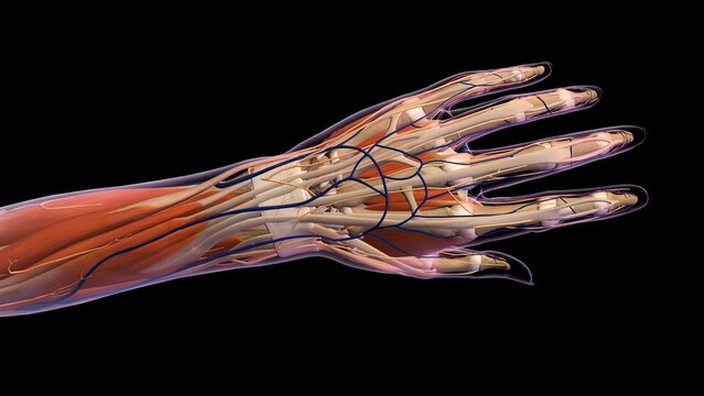 Female hand and wrist anatomy, back, posterior view, Xray outlined skin, Full color on black background