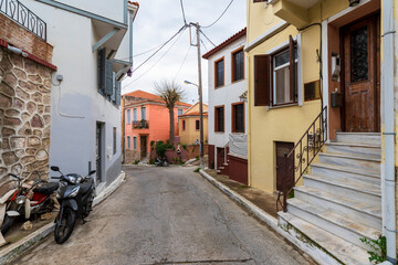 Plomari Village street view in Lesvos Island