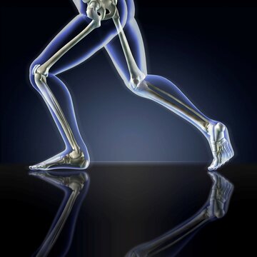 Man's legs running in blue X-ray on a dark blue reflective background
