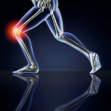 Man's legs running with knee pain blue X-ray on a dark blue reflective background