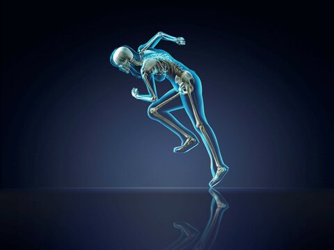 Blue X-ray of woman's skeleton running on dark reflective blue background